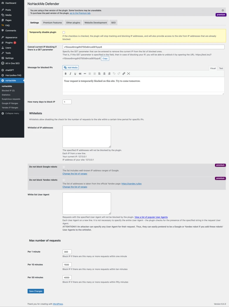 NoHackMe Defender settings and protection options