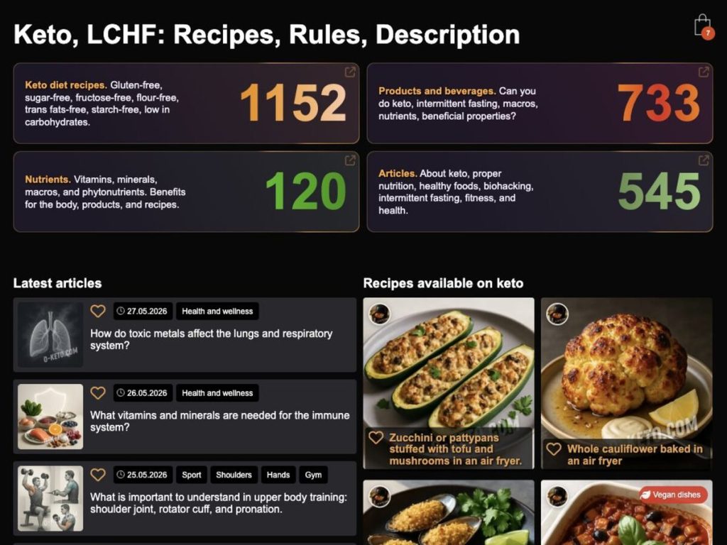 O-Keto homepage with recipe, product, nutrient and article catalogs